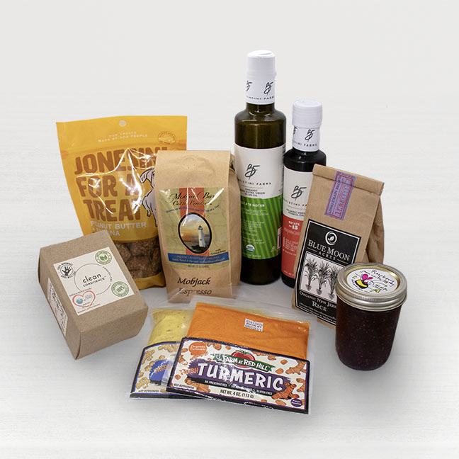 A collection of artisan goods against a white background